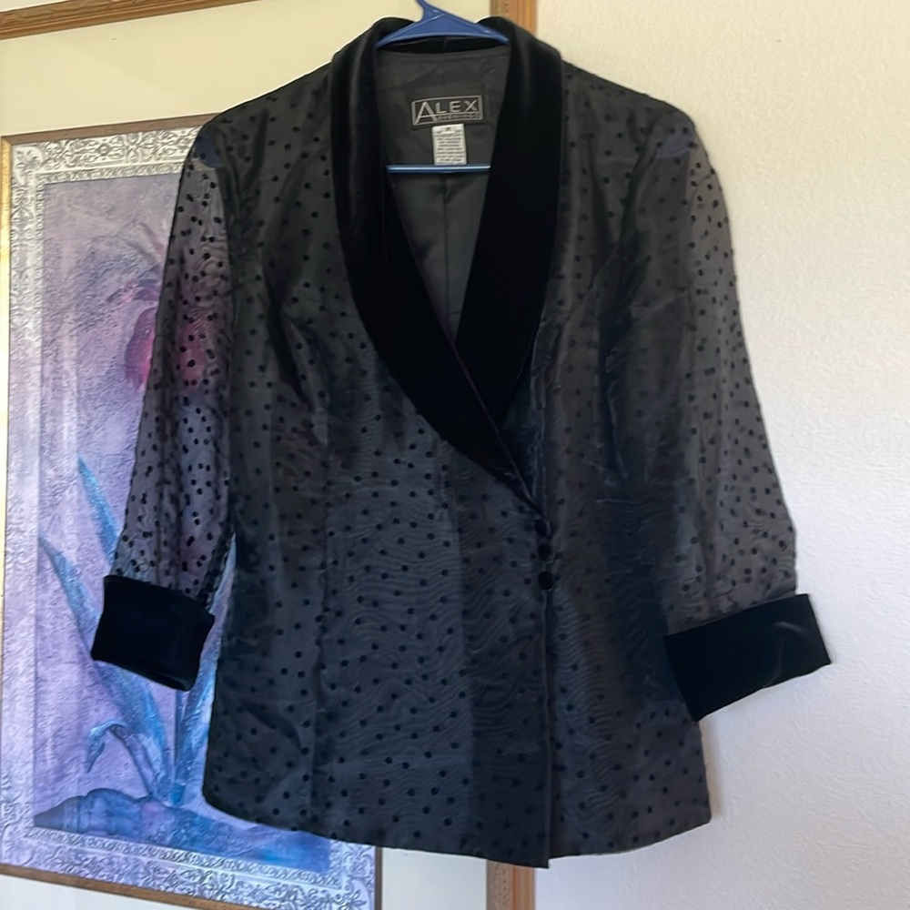 Alex Evenings Black Velvet polka dot sheer 3/4 arm, Blouse Jacket, 10 medium